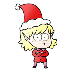 gradient cartoon of a elf girl staring wearing santa hat