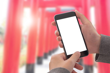 Close up Woman hand Using a Smart Phone with blank screen at hinoki park.