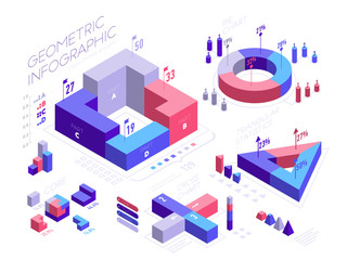 Isometric infographic elements with geometric shapes, icons, graphs, pie diagram, percentage. Set of Isometric 3D bar charts, statistics, report vector flat illustration isolated on white background.