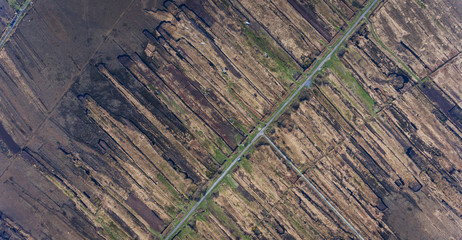 aerial view of peat bog landscape in rural Ireland