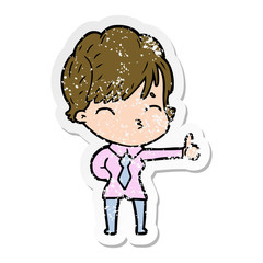 distressed sticker of a cartoon woman thinking