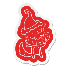 crying fox cartoon  sticker of a wearing santa hat