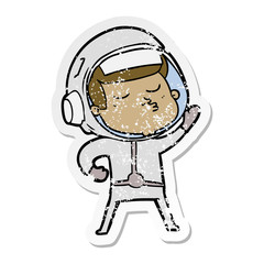 distressed sticker of a cartoon confident astronaut