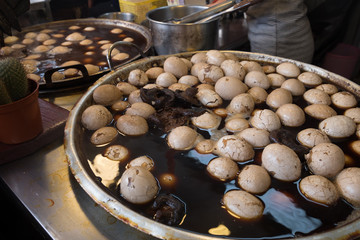 Taiwanese's style boiled egg selling in night market, one of the street food markets in Taichung, Taiwan