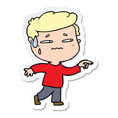 sticker of a cartoon anxious man pointing