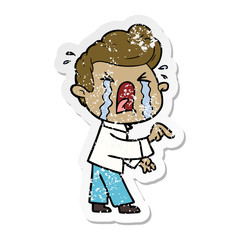 distressed sticker of a cartoon crying man