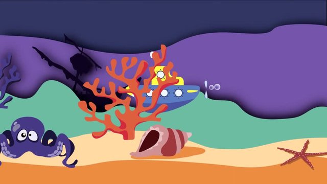 A submarine sailing on the seabed past deep-sea creatures. Animation.