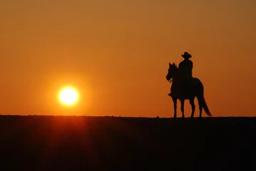 Rolgordijnen Cowboy riding horse in the sunset © Myah