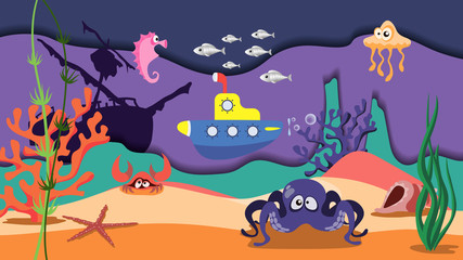 A submarine sailing on the seabed past deep-sea creatures. Illustration, vector. EPS-10.
