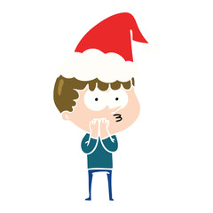 flat color illustration of a curious boy wearing santa hat