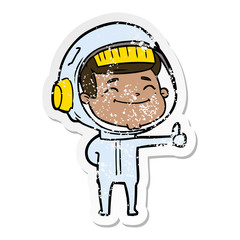 distressed sticker of a happy cartoon astronaut