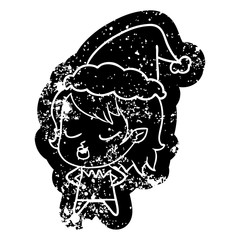 cute cartoon distressed icon of a vampire girl wearing santa hat