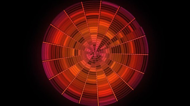Abstract red circle devided into sectors rotating and shimmer endlessly on black background. Glittering circle with blinking lines spinning, seamless loop.