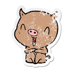 distressed sticker of a happy cartoon sitting pig