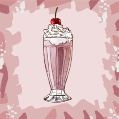 Cherry Milkshake recipe. Menu element for cafe or restaurant with milk fresh drink. Fresh cocktail for healthy life. Hand drawn image for menu and poster design with fresh drink.