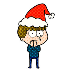 comic book style illustration of a curious boy wearing santa hat