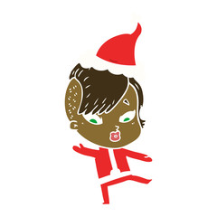 flat color illustration of a surprised girl in science fiction clothes wearing santa hat