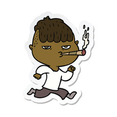 sticker of a cartoon man smoking whilst running