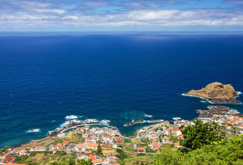 Madeira island ocean view, Portugal. Porto Moniz town