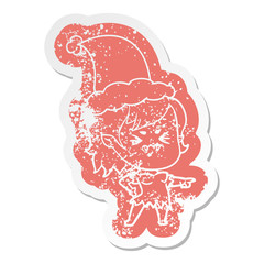 annoyed cartoon distressed sticker of a vampire girl wearing santa hat
