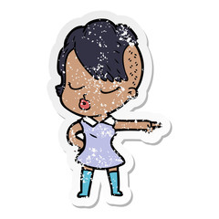 distressed sticker of a cartoon pretty hipster girl