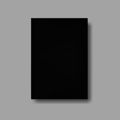 Vector mock up of black blank book cover isolated on grey background. Realistic closed vertical book, magazine or notebook template for your design. In front side of book.