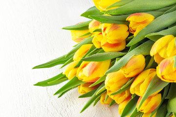 Spring flower yellow red tulips bouquet on white wooden table.