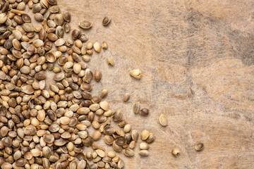 Fototapeta na wymiar dried hemp seeds on grunge background