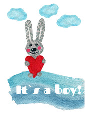 Nursery inscription of phrase its a boy with cute bunny and heart