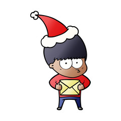 nervous gradient cartoon of a boy wearing santa hat