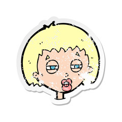 retro distressed sticker of a cartoon woman narrowing eyes