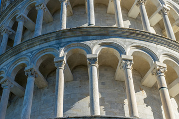 The leaning tower of pisa at Piazza del Miracoli Duomo square,Camposanto cemetery in Tuscany, Italy