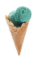 Spirulina ice cream cone on white background