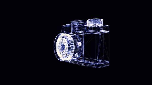 Old fashioned photo camera hologram rotating on black background. Blue camera wireframe appearing from the dust, small particles and spinning.