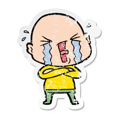 distressed sticker of a cartoon crying bald man