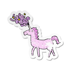 retro distressed sticker of a cartoon magical unicorn