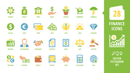 Vector business and finance color icon set with money, bank, credit, growth, commerce, umbrella, dollar, euro, card, cash, coin, gold, diamond and more isolated silhouette sign.