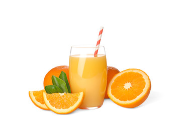 Glass of orange juice and fresh fruit on white background