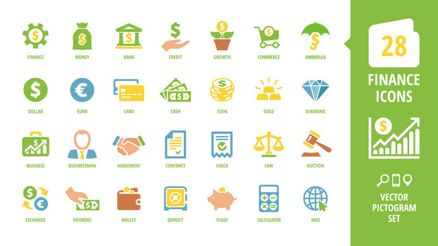 Vector Business And Finance Color Icon Set With Money, Bank, Credit, Growth, Commerce, Umbrella, Dollar, Euro, Card, Cash, Coin, Gold, Diamond And More Isolated Silhouette Sign.