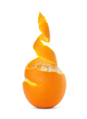 Fresh half peeled orange on white background