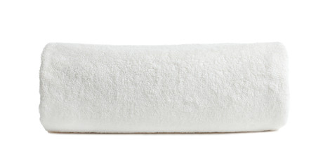 Rolled soft terry towel on white background