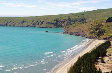 Scenic Okains Bay in the Banks Peninsula, Canterbury, South Island, New Zealand