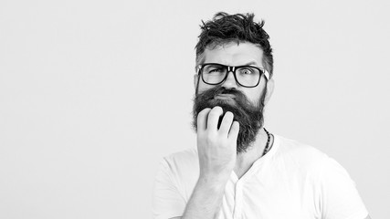 Pensive man touching his beard on white wall. Handsome man in glasses thinks. Emotional bearded guy has a doubt. Human face expressions, emotions, feelings, body language