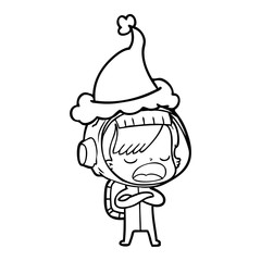 line drawing of a astronaut woman explaining wearing santa hat