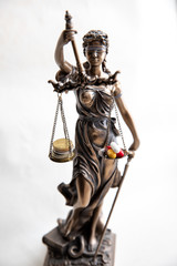 statue of justice with pills and money balance