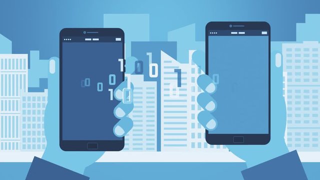 two cartoon people hands holding a smartphone, binary code passes between the two devices, concept of social media or contents sharings