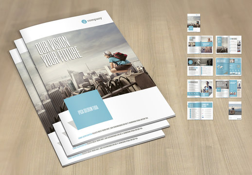 Business Brochure Layout with Pale Blue and Gray Accents