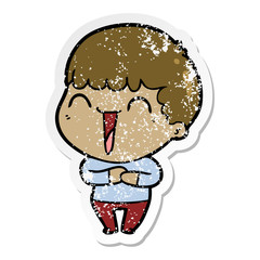distressed sticker of a cartoon happy man