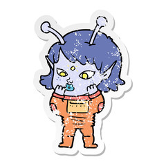 distressed sticker of a pretty cartoon nervous alien girl