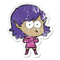 distressed sticker of a cartoon elf girl staring